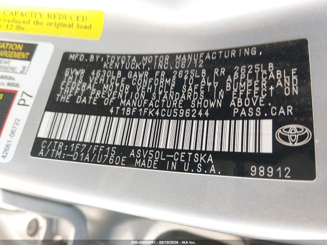 2012 Toyota Camry Se მანქანა იყიდება აუქციონზე, vin: 4T1BF1FK4CU596244, აუქციონის ნომერი: 45896961