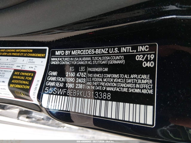 2019 Mercedes-benz C 300 4matic მანქანა იყიდება აუქციონზე, vin: 55SWF8EB9KU313388, აუქციონის ნომერი: 45896965