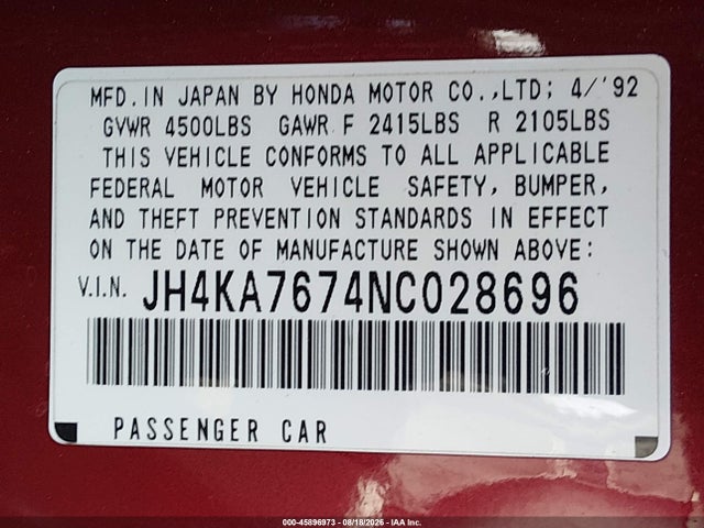 Продаж на аукціоні авто 1992 Acura Legend Ls, vin: JH4KA7674NC028696, номер лоту: 45896973