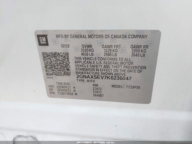 Продаж на аукціоні авто 2019 Chevrolet Equinox Ls, vin: 2GNAXSEV7K6236047, номер лоту: 45896976