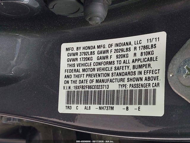Продаж на аукціоні авто 2012 Honda Civic Ex, vin: 19XFB2F86CE023713, номер лоту: 45896986