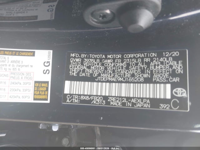 45896991 :رقم المزاد ، JTDEPMAE9MJ165208 vin ، 2021 Toyota Corolla Le مزاد بيع
