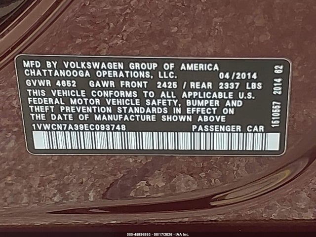 2014 Volkswagen Passat 2.0l Tdi Sel Premium მანქანა იყიდება აუქციონზე, vin: 1VWCN7A39EC093748, აუქციონის ნომერი: 45896993