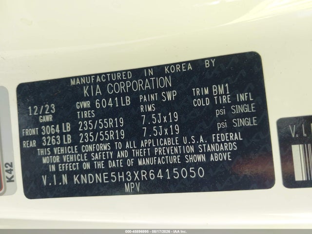 45896995 :رقم المزاد ، KNDNE5H3XR6415050 vin ، 2024 Kia Carnival Mpv Sx Prestige مزاد بيع