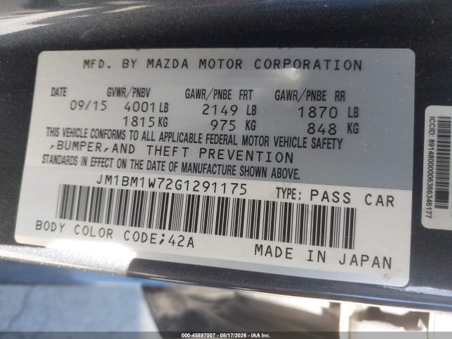 Aukcja sprzedaży 2016 Mazda Mazda3 I Touring, vin: JM1BM1W72G1291175, numer aukcji: 45897007