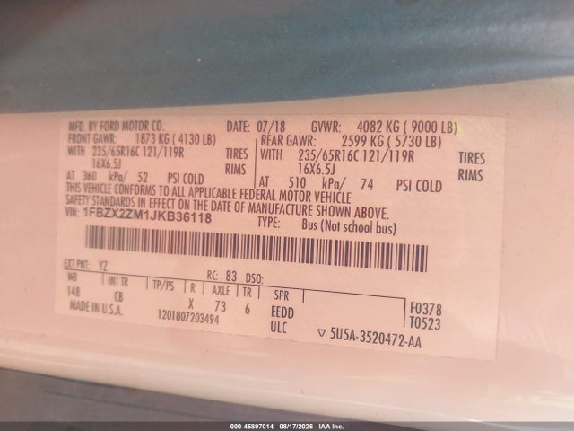 45897014 :رقم المزاد ، 1FBZX2ZM1JKB36118 vin ، 2018 Ford Transit-350 Xl مزاد بيع