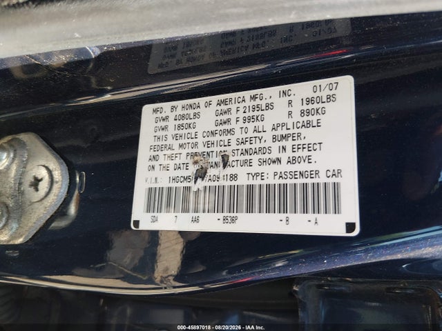 2007 Honda Accord 2.4 Vp მანქანა იყიდება აუქციონზე, vin: 1HGCM56167A093188, აუქციონის ნომერი: 45897018