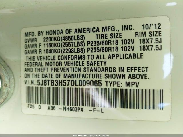 Aukcja sprzedaży 2013 Acura Rdx, vin: 5J8TB3H57DL009065, numer aukcji: 45897020