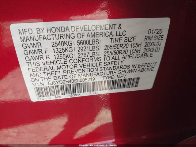 Aukcja sprzedaży 2025 Acura Mdx Technology Package, vin: 5J8YD9H40SL005219, numer aukcji: 45897030