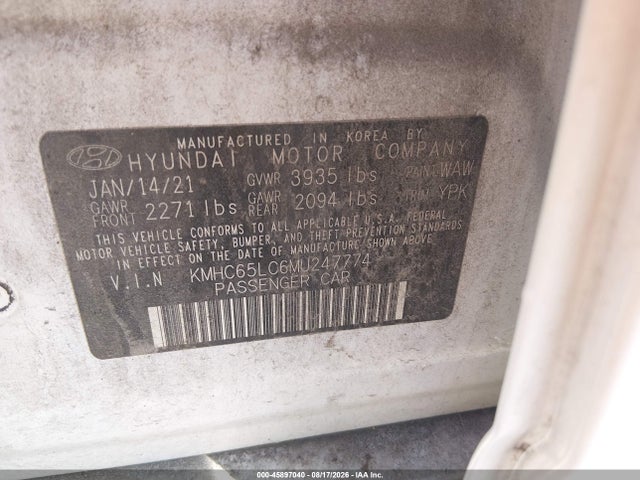 45897040 :رقم المزاد ، KMHC65LC6MU247774 vin ، 2021 Hyundai Ioniq Hybrid Blue مزاد بيع