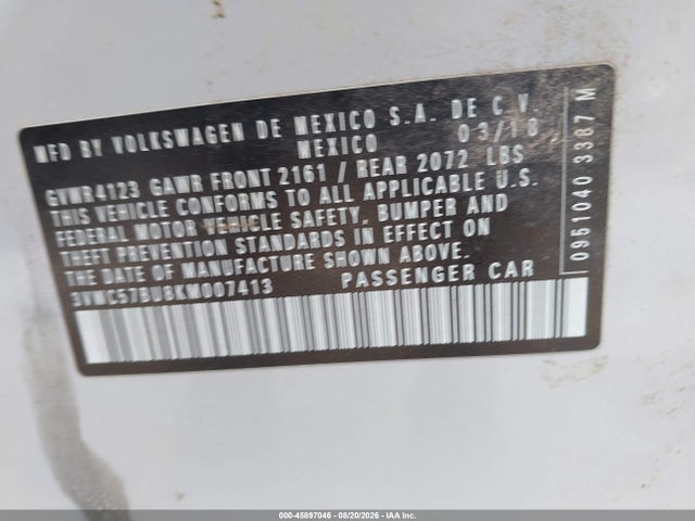 Auction sale of the 2019 Volkswagen Jetta 1.4t R-line/1.4t S/1.4t Se, vin: 3VWC57BU8KM007413, lot number: 45897046