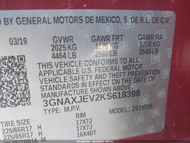 Продажа на аукционе авто 2019 Chevrolet Equinox Lt, vin: 3GNAXJEV2KS618398, номер лота: 45897047