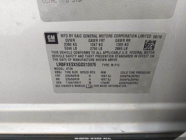 45897059 :رقم المزاد ، LRBFXESX5GD213976 vin ، 2016 Buick Envision Premium I مزاد بيع