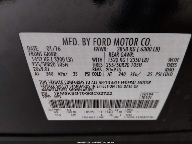 2016 Ford Explorer Sport მანქანა იყიდება აუქციონზე, vin: 1FM5K8GT0GGC02722, აუქციონის ნომერი: 45897063