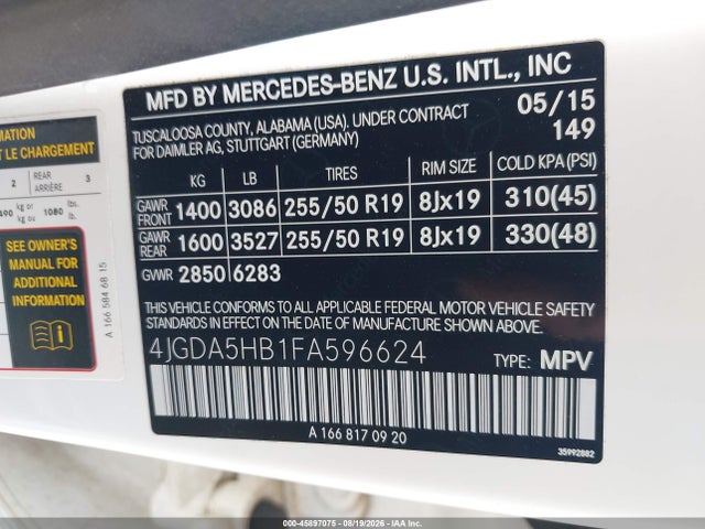 Продаж на аукціоні авто 2015 Mercedes-benz Ml 350 4matic, vin: 4JGDA5HB1FA596624, номер лоту: 45897075