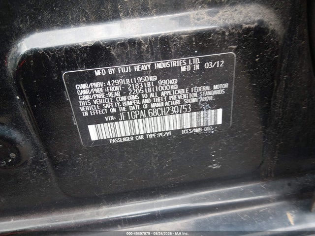 Продажа на аукционе авто 2012 Subaru Impreza 2.0i Sport Premium, vin: JF1GPAL68CH230753, номер лота: 45897079