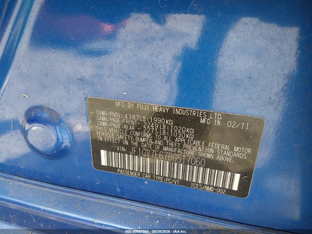 Aukcja sprzedaży 2011 Subaru Impreza Wrx, vin: JF1GV7E67BG517060, numer aukcji: 45897085