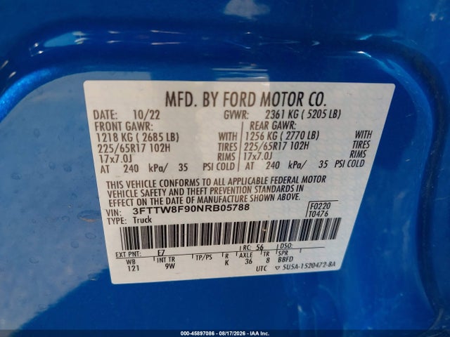 Ford Maverick Xl 2022 3FTTW8F90NRB05788 Image 9