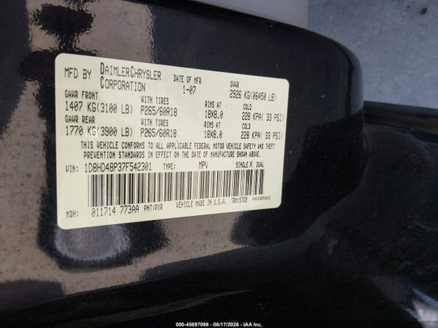 Aukcja sprzedaży 2007 Dodge Durango Slt, vin: 1D8HD48P37F542301, numer aukcji: 45897098