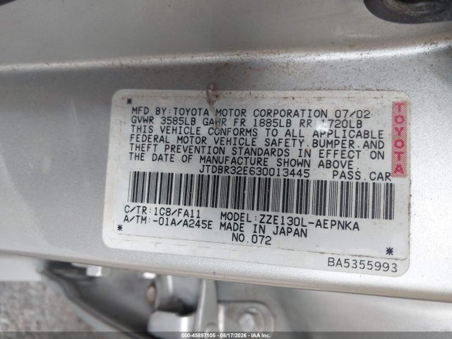 Продажа на аукционе авто 2003 Toyota Corolla Le, vin: JTDBR32E630013445, номер лота: 45897105