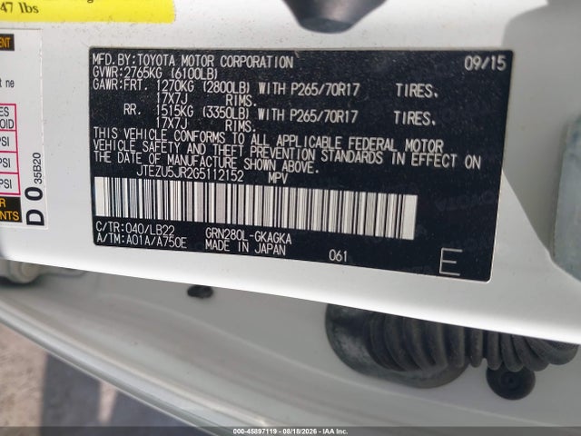 Aukcja sprzedaży 2016 Toyota 4runner Sr5 Premium, vin: JTEZU5JR2G5112152, numer aukcji: 45897119