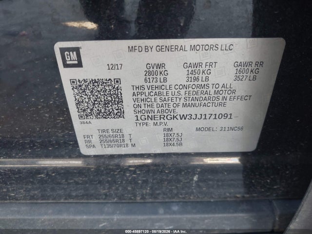 45897120 :رقم المزاد ، 1GNERGKW3JJ171091 vin ، 2018 Chevrolet Traverse Lt Cloth مزاد بيع