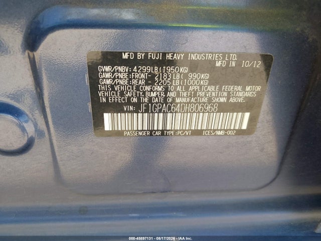 Продажа на аукционе авто 2013 Subaru Impreza 2.0i Premium, vin: JF1GPAC64DH806968, номер лота: 45897131