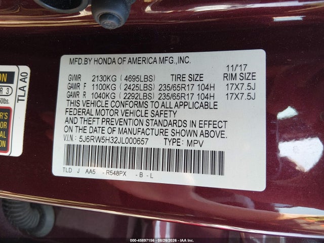 Aukcja sprzedaży 2018 Honda Cr-v Lx, vin: 5J6RW5H32JL000657, numer aukcji: 45897156