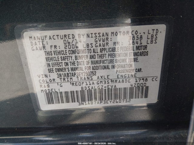 Продажа на аукционе авто 2014 Nissan Sentra Sl, vin: 3N1AB7AP3EY260752, номер лота: 45897161