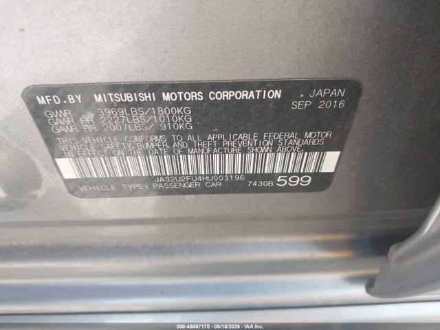 Aukcja sprzedaży 2017 Mitsubishi Lancer Es, vin: JA32U2FU4HU003196, numer aukcji: 45897170