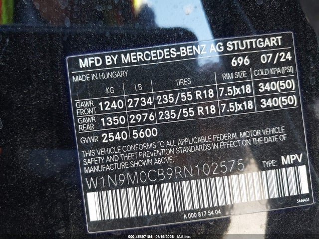 2024 Mercedes-benz Eqb 250 Suv მანქანა იყიდება აუქციონზე, vin: W1N9M0CB9RN102575, აუქციონის ნომერი: 45897184