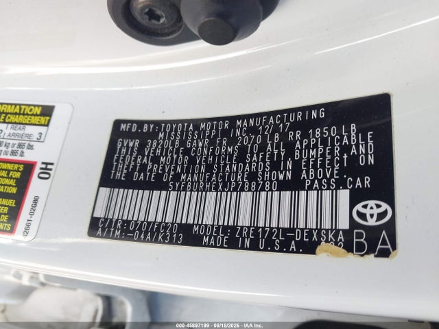 5YFBURHEXJP788780 Toyota COROLLA SE