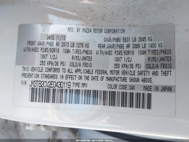 Продажа на аукционе авто 2014 Mazda Cx-9 Touring, vin: JM3TB2CV2E0430119, номер лота: 45897206