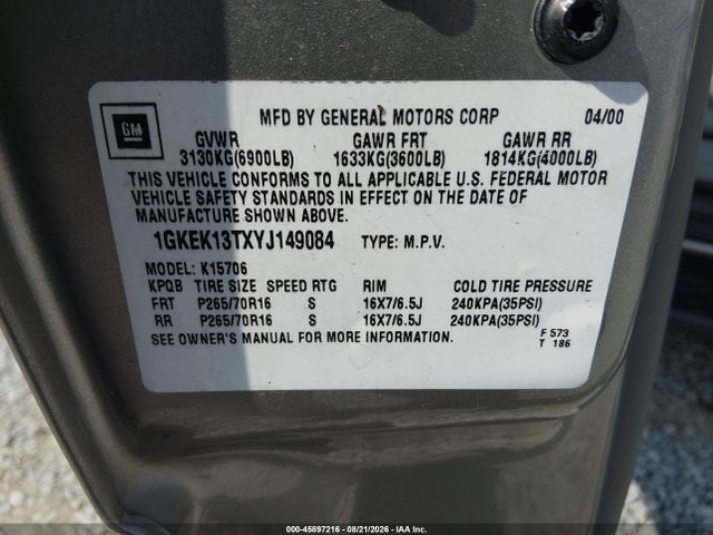 Продаж на аукціоні авто 2000 Gmc Yukon Slt, vin: 1GKEK13TXYJ149084, номер лоту: 45897216