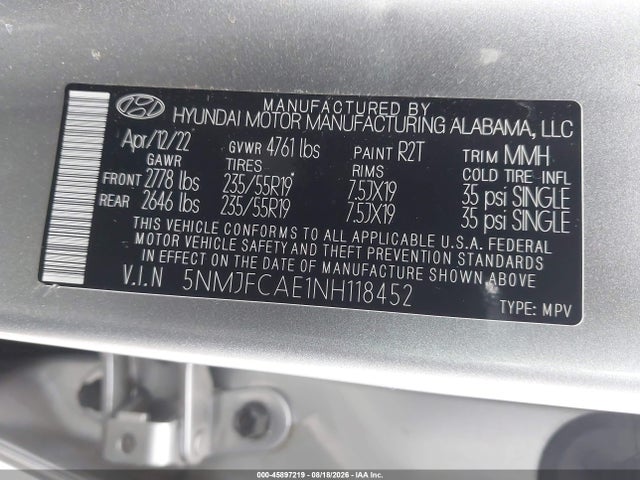 Продажа на аукционе авто 2022 Hyundai Tucson Sel, vin: 5NMJFCAE1NH118452, номер лота: 45897219
