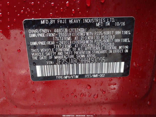 45897234 :رقم المزاد ، JF2SJABC9HH493095 vin ، 2017 Subaru Forester 2.5i مزاد بيع