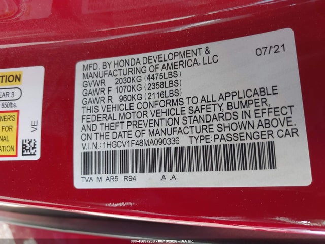 2021 Honda Accord Sport Special Edition მანქანა იყიდება აუქციონზე, vin: 1HGCV1F48MA090336, აუქციონის ნომერი: 45897239