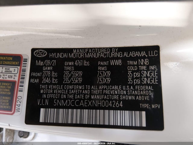 Продаж на аукціоні авто 2022 Hyundai Tucson Sel, vin: 5NMJCCAEXNH004264, номер лоту: 45897241