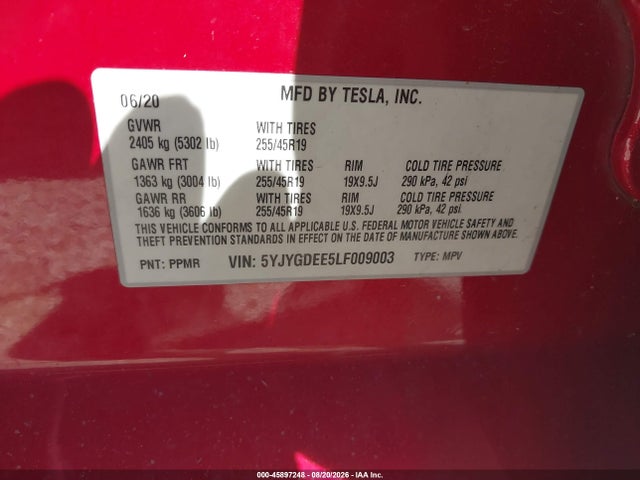 Продаж на аукціоні авто 2020 Tesla Model Y Long Range Dual Motor All-wheel Drive, vin: 5YJYGDEE5LF009003, номер лоту: 45897248
