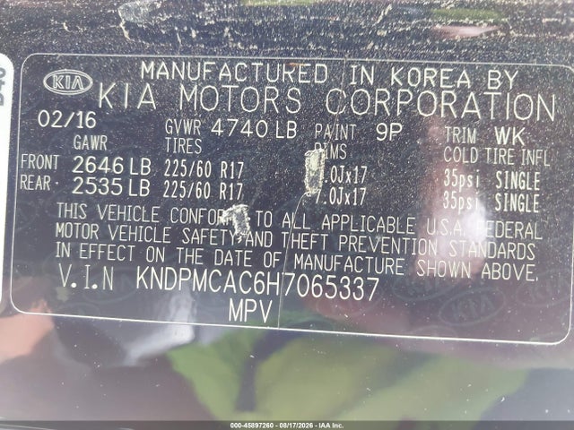 Продажа на аукционе авто 2017 Kia Sportage Lx, vin: KNDPMCAC6H7065337, номер лота: 45897260