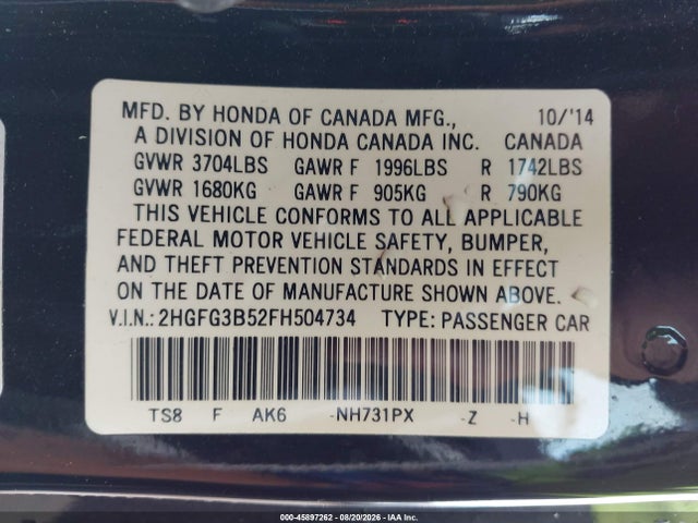 45897262 :رقم المزاد ، 2HGFG3B52FH504734 vin ، 2015 Honda Civic Lx مزاد بيع