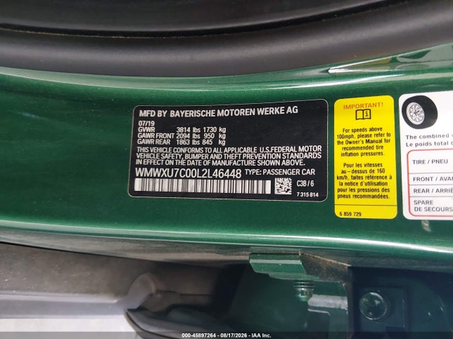 Продажа на аукционе авто 2020 Mini Hardtop Cooper, vin: WMWXU7C00L2L46448, номер лота: 45897264
