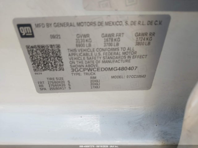 Продаж на аукціоні авто 2021 Chevrolet Silverado 1500 2wd  Short Bed Lt, vin: 3GCPWCED0MG480407, номер лоту: 45897278