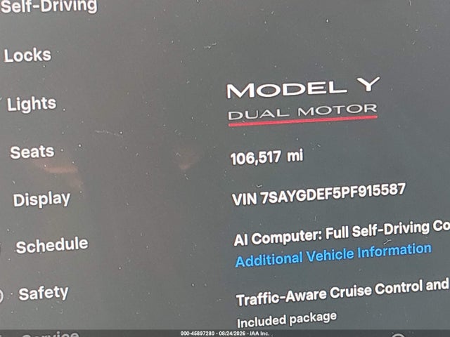45897280 :رقم المزاد ، 7SAYGDEF5PF915587 vin ، 2023 Tesla Model Y Performance Dual Motor All-wheel Drive مزاد بيع