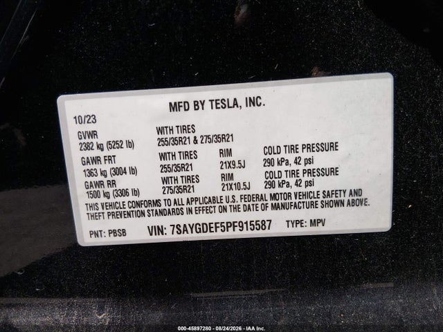 45897280 :رقم المزاد ، 7SAYGDEF5PF915587 vin ، 2023 Tesla Model Y Performance Dual Motor All-wheel Drive مزاد بيع