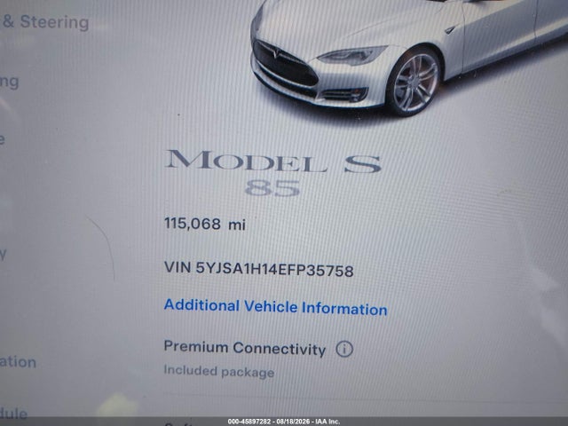 2014 Tesla Model S P85 მანქანა იყიდება აუქციონზე, vin: 5YJSA1H14EFP35758, აუქციონის ნომერი: 45897282