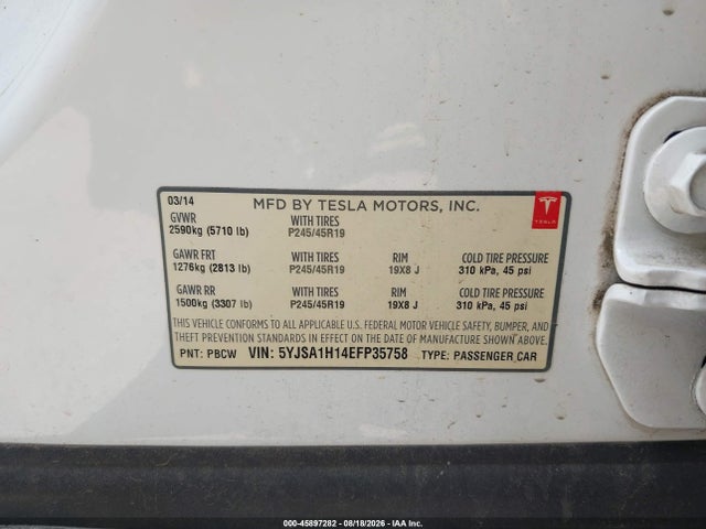 2014 Tesla Model S P85 მანქანა იყიდება აუქციონზე, vin: 5YJSA1H14EFP35758, აუქციონის ნომერი: 45897282