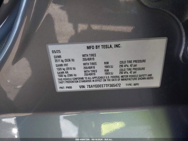 Auction sale of the 2026 Tesla Model Y All-wheel Drive/long Range Launch Series/premium All-wheel Drive, vin: 7SAYGDEE7TF365472, lot number: 45897298