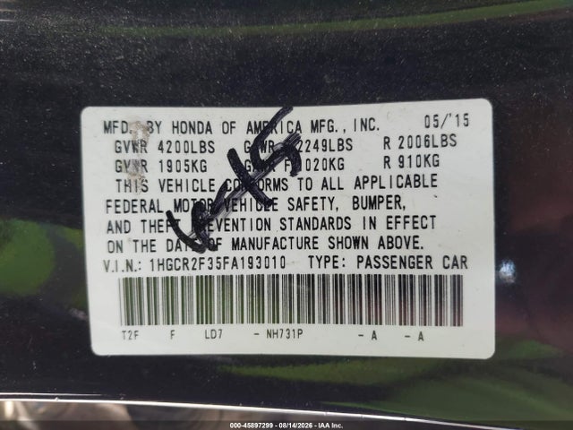 Honda ACCORD LX 2015 1HGCR2F35FA193010 Image 9