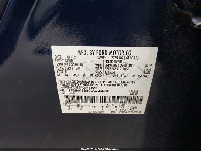 45897315 :رقم المزاد ، 1FMHK8B89CGA89296 vin ، 2012 Ford Explorer مزاد بيع